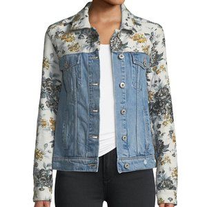 PAIGE Womens M Harrison Blue Denim Jacket Floral Embossing Button Front